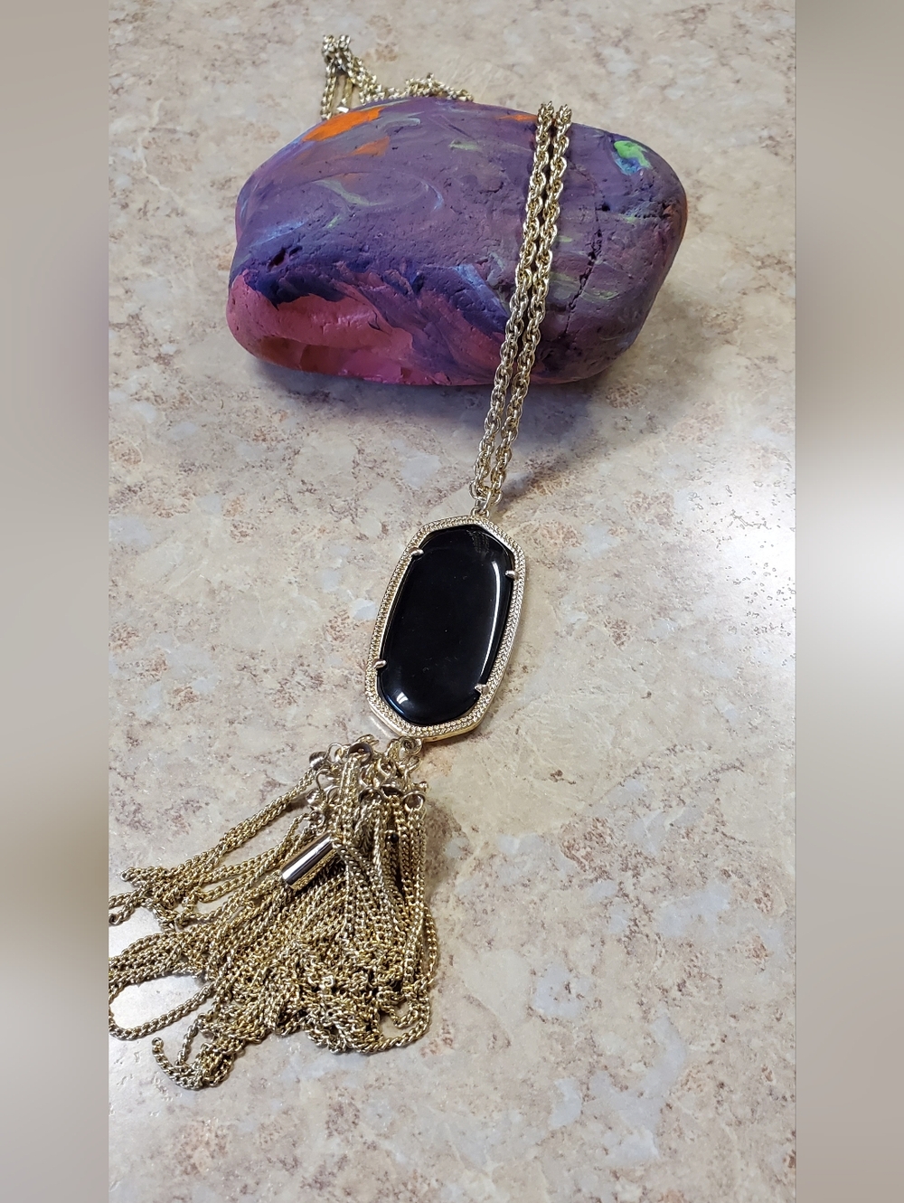 Kendra Scott Reyna Gold-Tone Black Stone Tassel Pendant Necklace